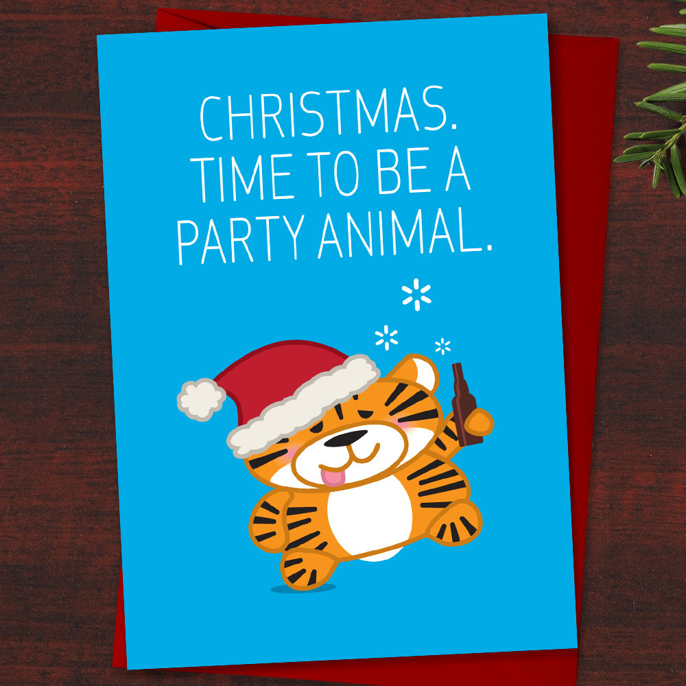 Set of 5 Funny Animal Christmas Cards - Our Tipsy Animals in the Christmas Spirit cards as a set including Panda, Tiger, Lion, Pig and Bear.