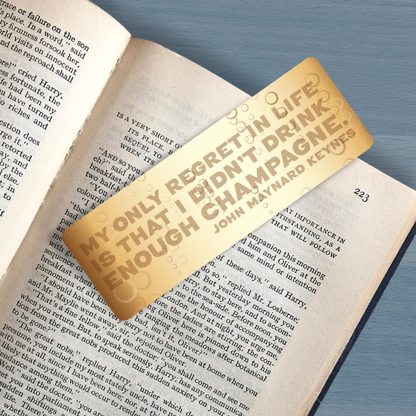 Bookmark Champagne Lover, "My only regret in life is that I didn’t drink enough Champagne", John Maynard Keynes, Literary quote,