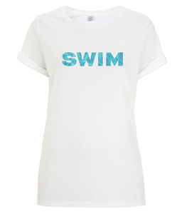 White t-shirt with rolled sleeve detail. Featuring the word SWIM across chest in capital letters with a swimming pool image behind.