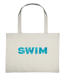 A swim kit bag featuring the word SWIM in capital letters with a swimming pool image behind.
