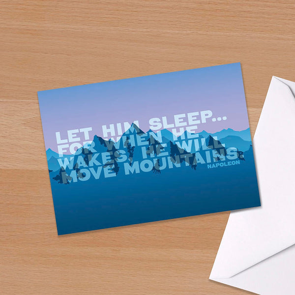 New baby boy card - "Let him sleep for when he wakes he will move mountains" new baby, Congratulations new arrival, baby shower, Typographic