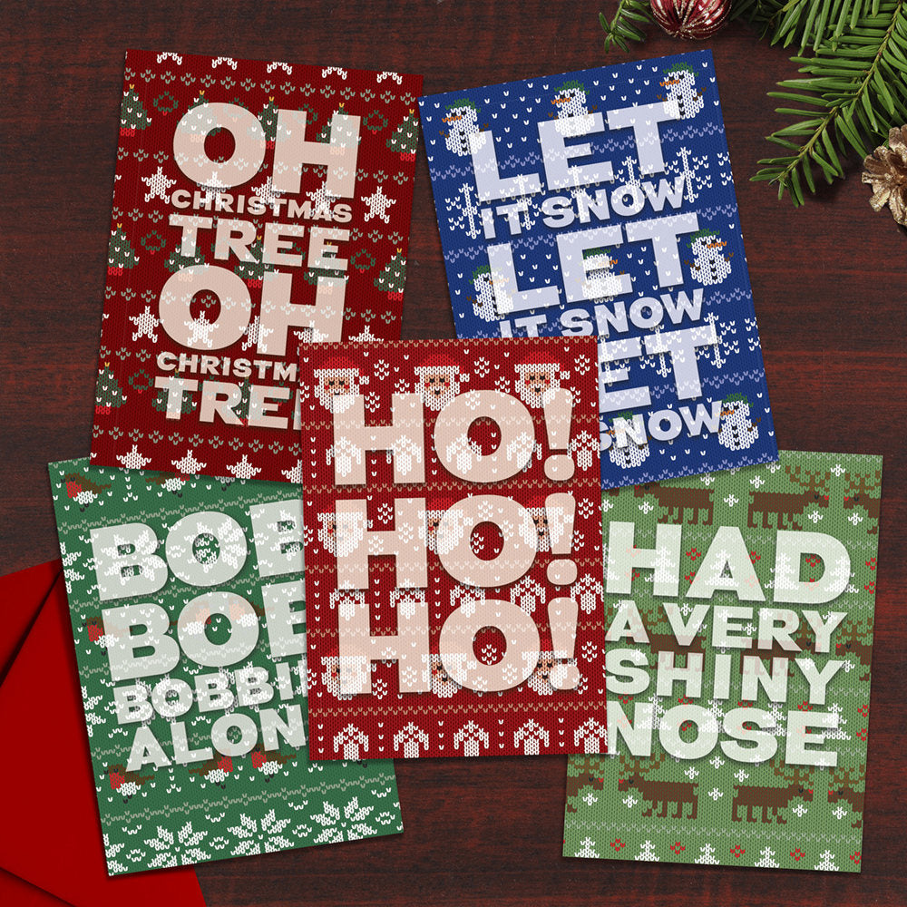Set of 5 Christmas Cards - Ho! Ho! Ho!, Bob Bob Bobbing Along, Oh Christmas Tree, Let it Snow, Had a Very Shiny Nose,