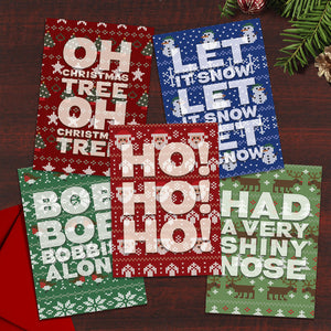 Set of 5 Christmas Cards - Ho! Ho! Ho!, Bob Bob Bobbing Along, Oh Christmas Tree, Let it Snow, Had a Very Shiny Nose,