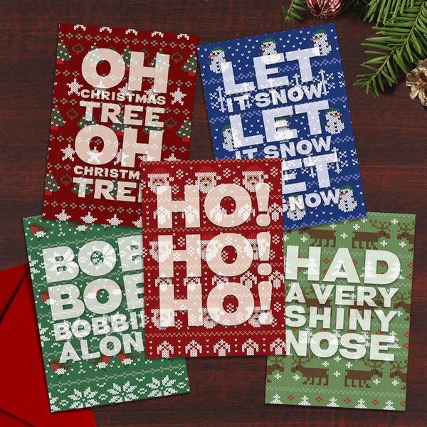 Set of 5 Christmas Cards - Ho! Ho! Ho!, Bob Bob Bobbing Along, Oh Christmas Tree, Let it Snow, Had a Very Shiny Nose,