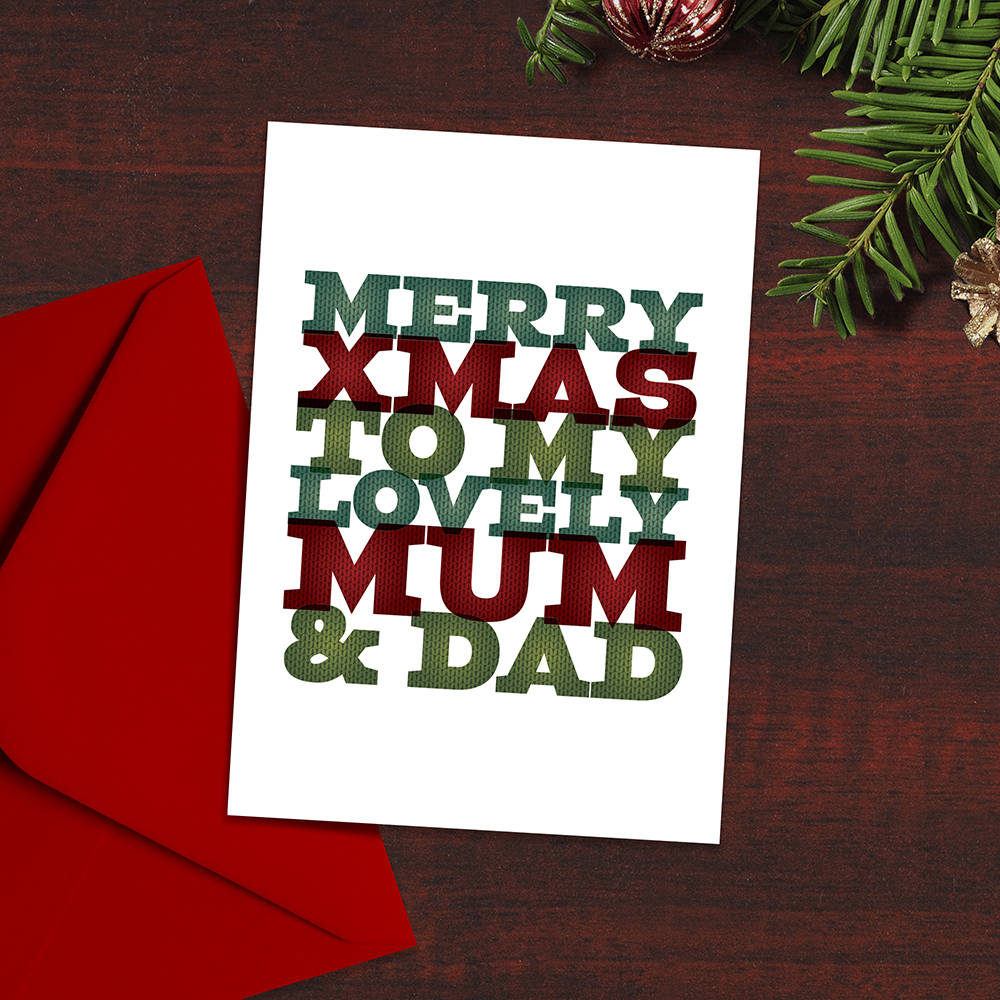 Christmas Card - Merry Christmas to My Lovely Mum and Dad, Typography, Christmas Jumper, Modern Design, Typographical Christmas cards