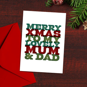Christmas Card - Merry Christmas to My Lovely Mum and Dad, Typography, Christmas Jumper, Modern Design, Typographical Christmas cards