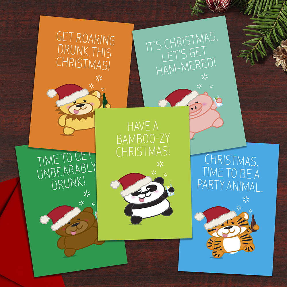 Set of 5 Funny Animal Christmas Cards - Our Tipsy Animals in the Christmas Spirit cards as a set including Panda, Tiger, Lion, Pig and Bear.