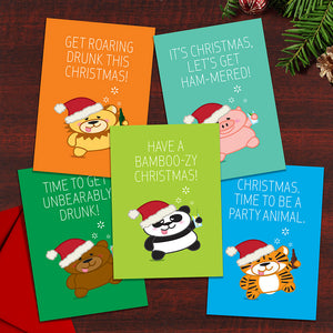 Set of 5 Funny Animal Christmas Cards - Our Tipsy Animals in the Christmas Spirit cards as a set including Panda, Tiger, Lion, Pig and Bear.