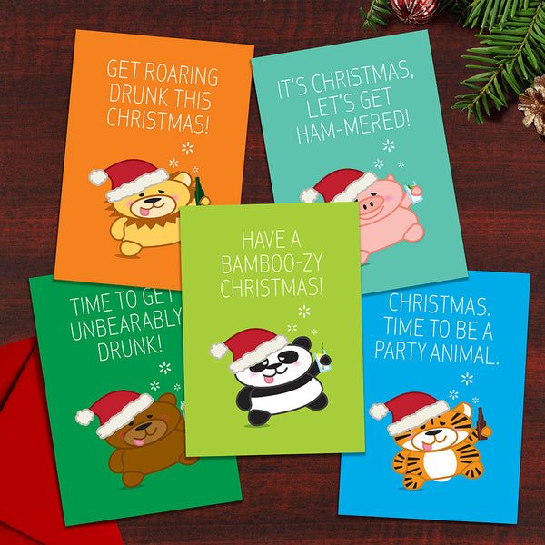 Set of 5 Funny Animal Christmas Cards - Our Tipsy Animals in the Christmas Spirit cards as a set including Panda, Tiger, Lion, Pig and Bear.