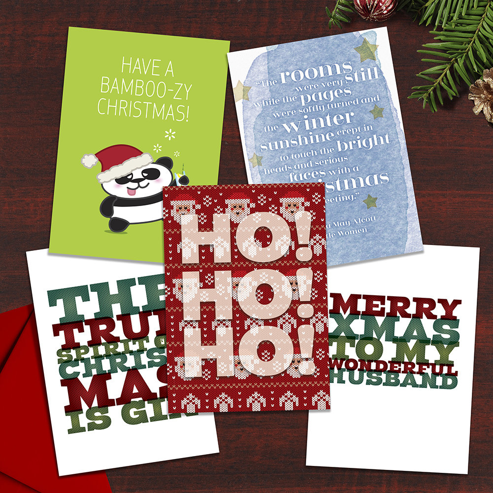Set of any 5 Christmas Cards - Tipsy Animals in the Christmas Spirit, Christmas Jumper, Christmas Quotes or family and friends